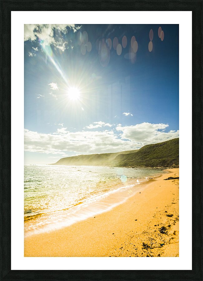 Beautiful coast with distant mountains Picture Frame print