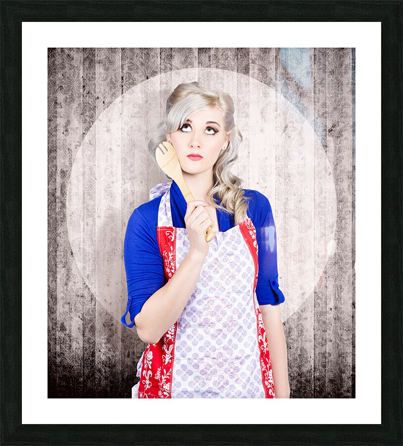 Young pinup housewife thinking what to cook Picture Frame print