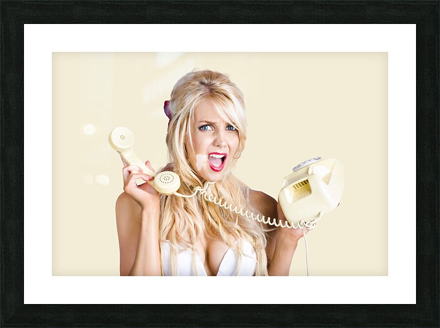 Confused woman with retro phone Picture Frame print