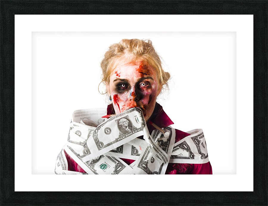 Worried zombie with Dollar bills Picture Frame print
