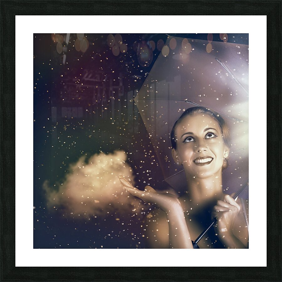 Happy Woman Walking Outside On A Rainy Summer Day Picture Frame print