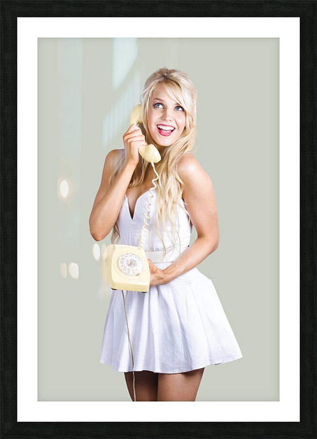 1960s hot gossip woman with retro telephone Picture Frame print