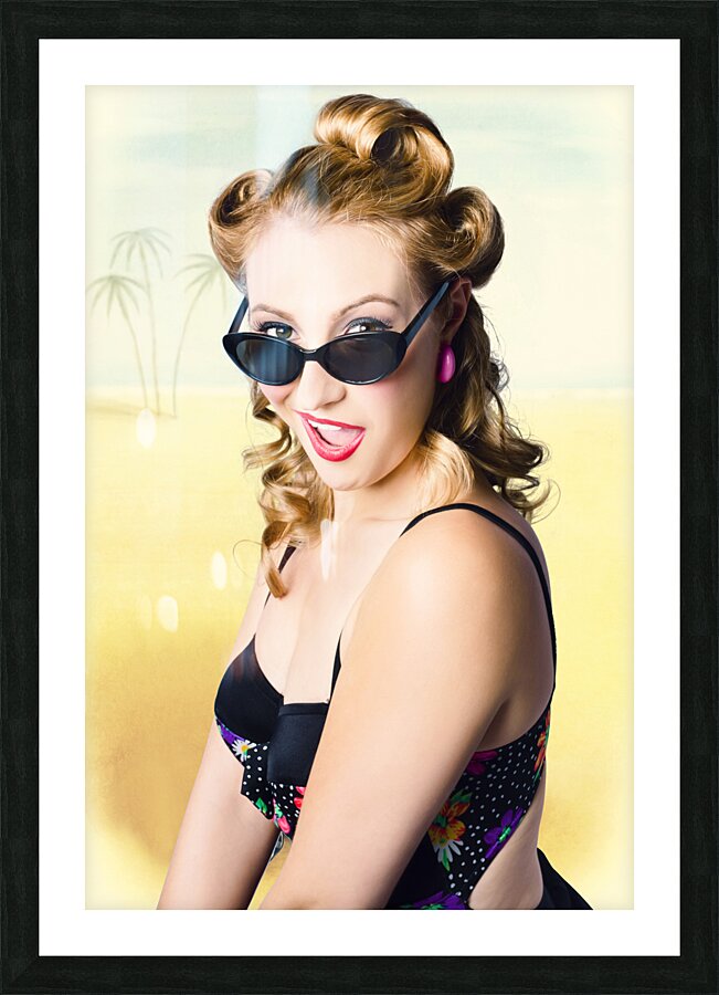 Surprised pinup girl on tropical beach background Picture Frame print