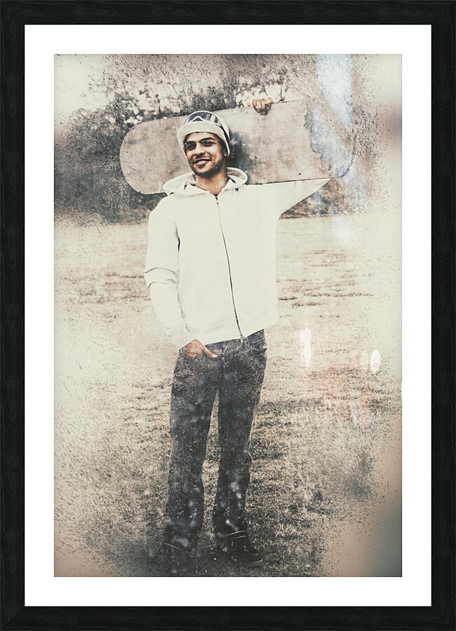 Vintage snowboarding man carrying board in snow Picture Frame print