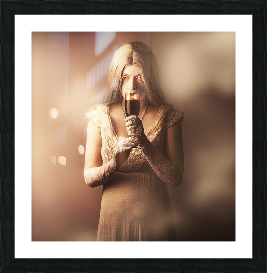 Gothic woman slipping wine glass. Halloween party Picture Frame print