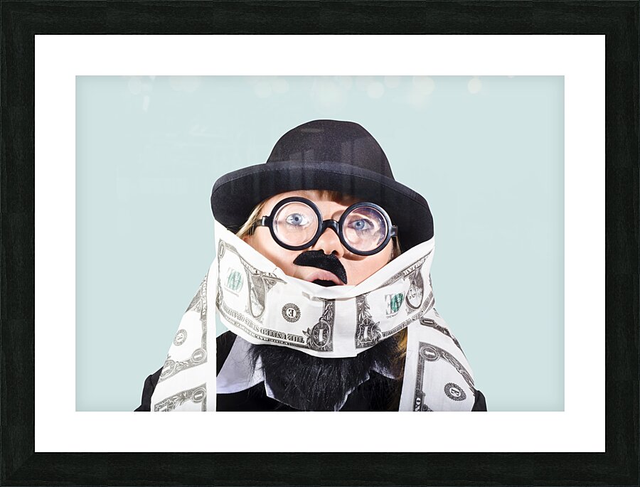 Woman rolling rich with US money Picture Frame print