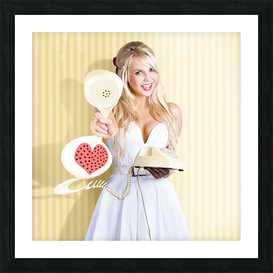 American Girl In Pinup Fashion With Retro Phone Picture Frame print