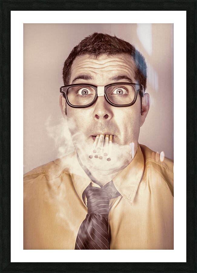 Smoking nerd businessman under work stress Picture Frame print