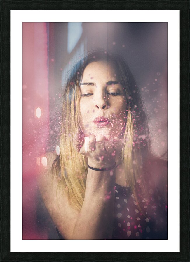 Valentine girl making wish kiss Picture Frame print