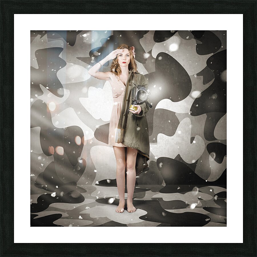 Sexy army girl saluting on snow camo background Picture Frame print