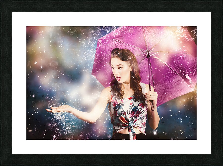 Beautiful pin up woman catching rain water Picture Frame print