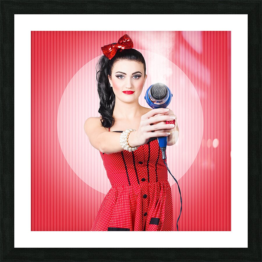 Young beautiful girl with hairdryer. Hair care Picture Frame print