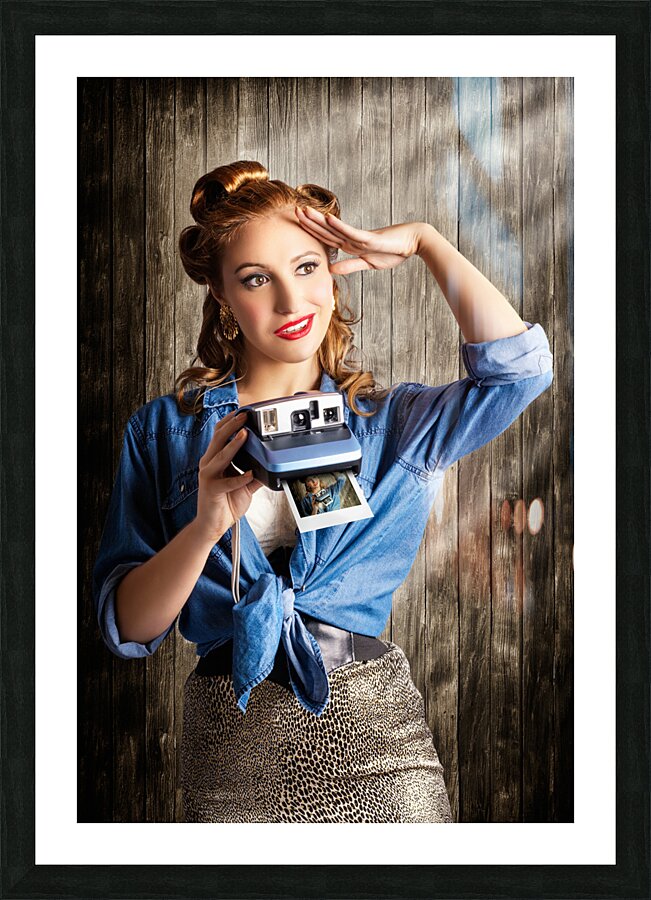 Young Retro Woman Holding Instant Camera Picture Frame print