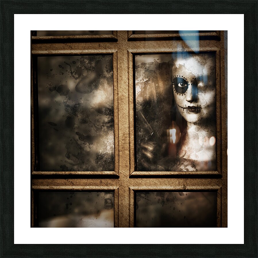 Scary murderer standing by the window with handgun Picture Frame print