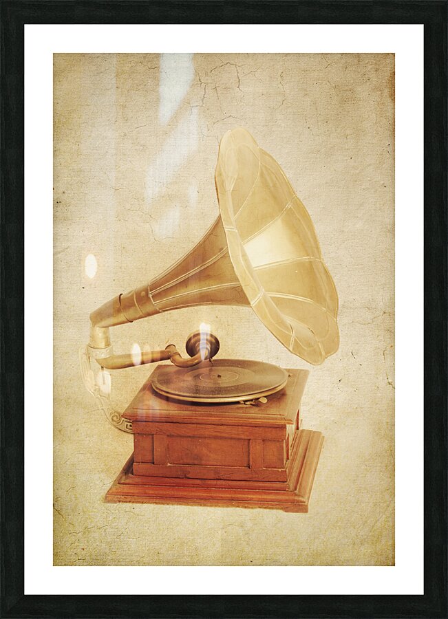 Old vintage gold gramophone photo. Classical sound Picture Frame print