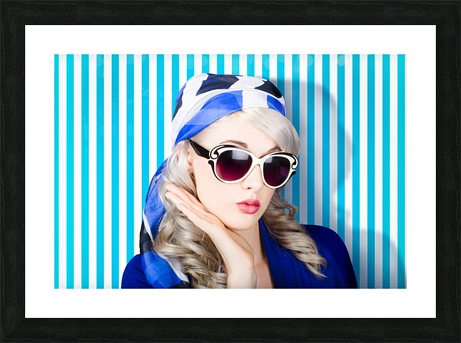 Beautiful retro pinup girl in scarf and sunglasses Picture Frame print
