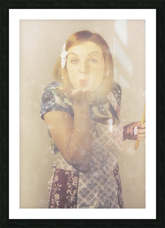 Vintage cookery girl baking with pinch of flour Picture Frame print