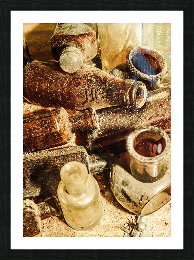 Dust covered medicine bottles Picture Frame print