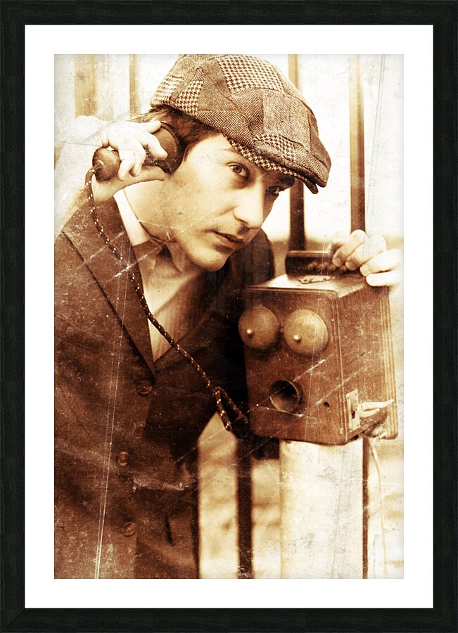 Old Fashioned Vintage Man Talking Through Antique Phone Picture Frame print