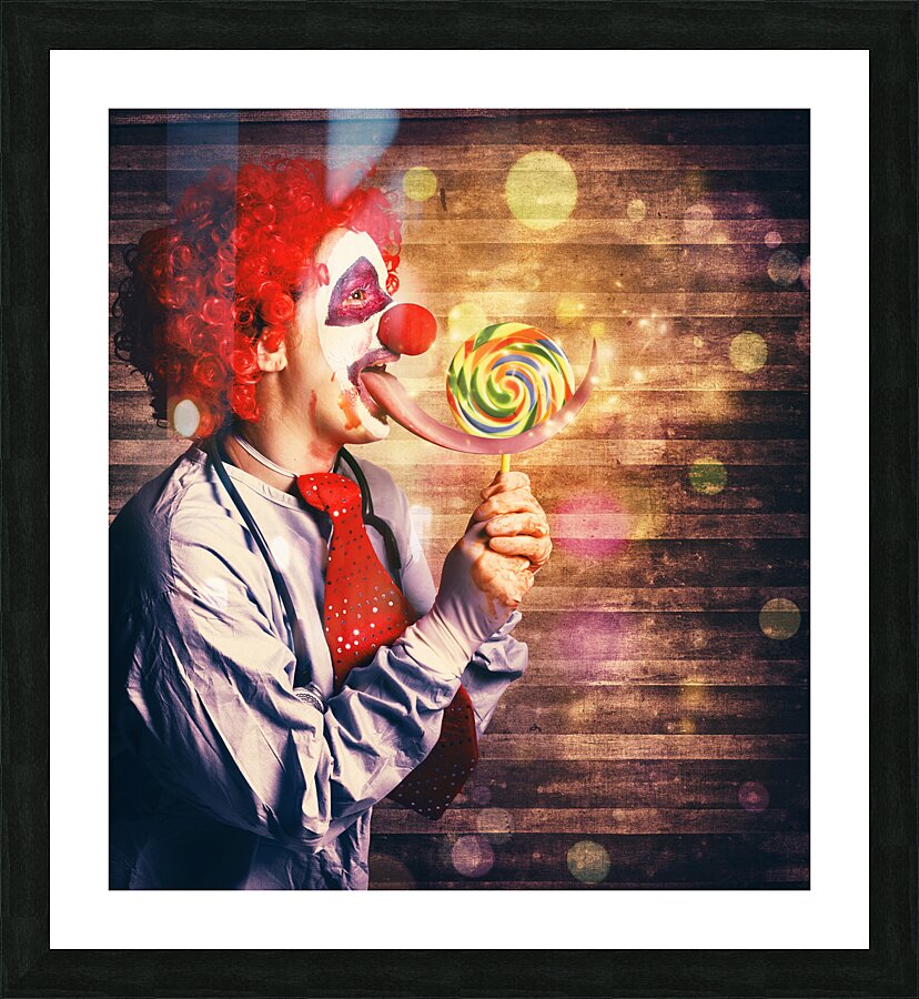 Scary circus clown at horror birthday party Picture Frame print