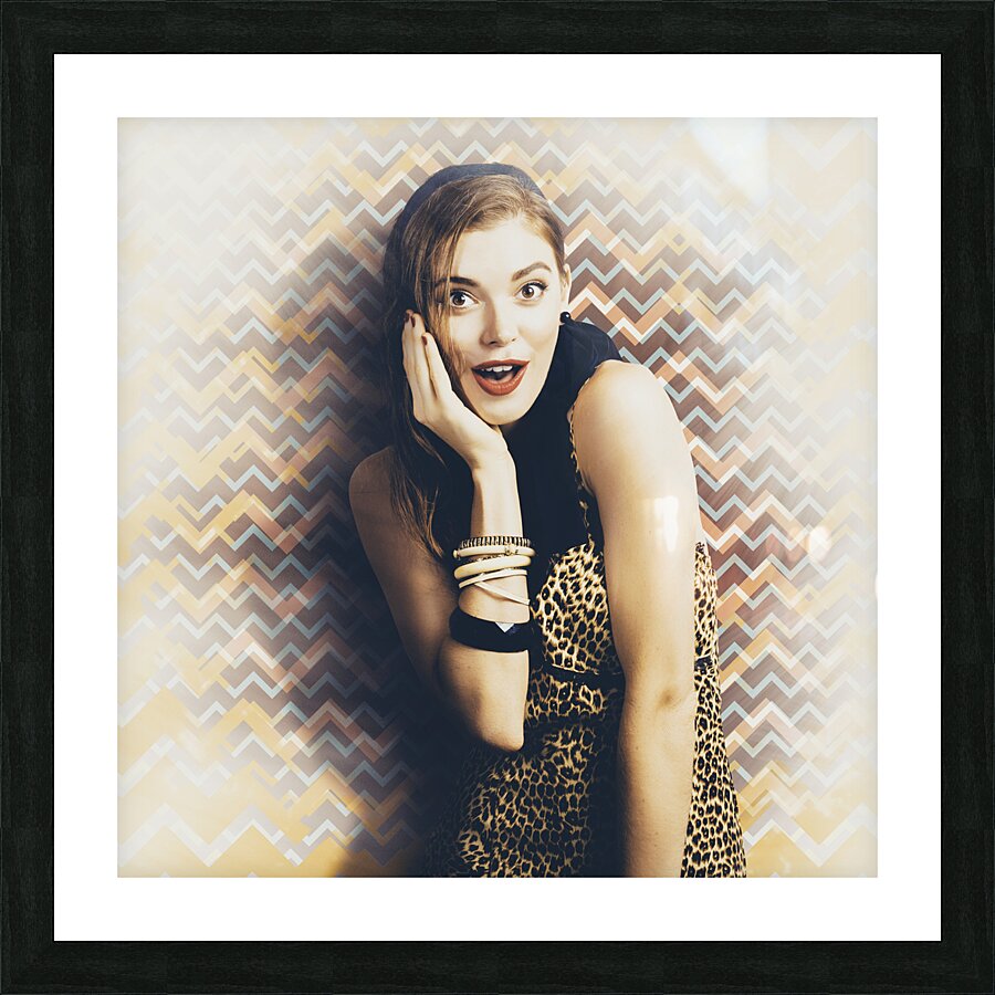 Surprised pin up girl gasping out shear joy Picture Frame print