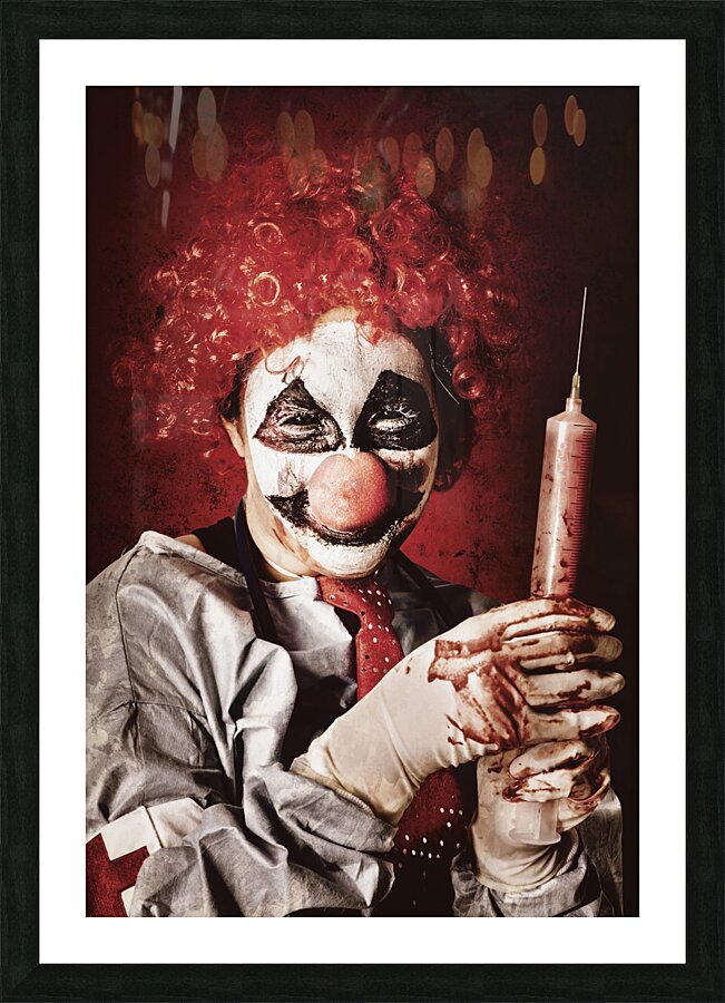 Crazy medical clown holding oversized syringe Picture Frame print