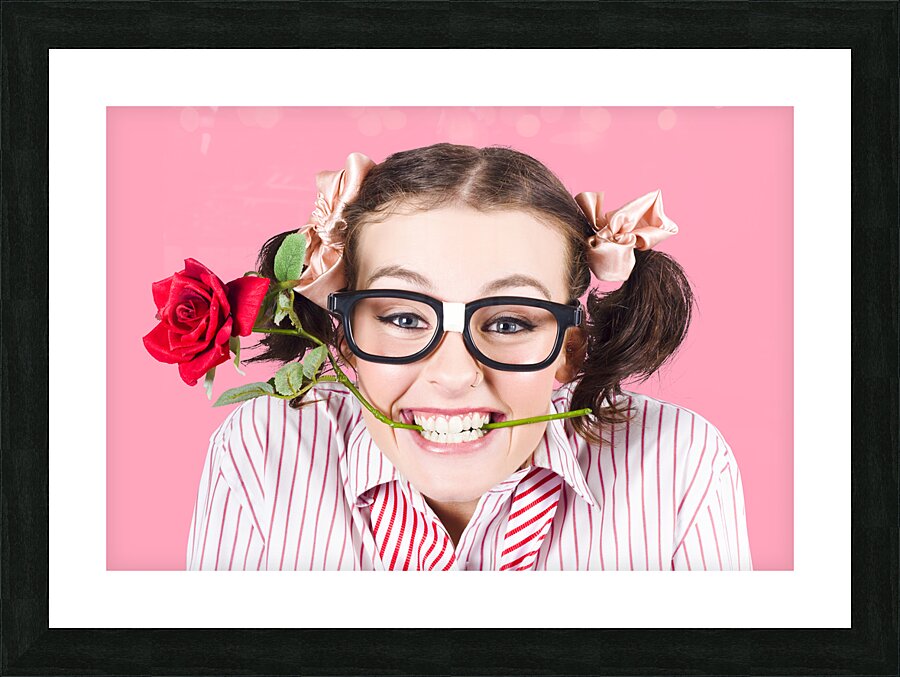 Cute Smiling Woman Wearing Nerd Glasses With Rose Picture Frame print