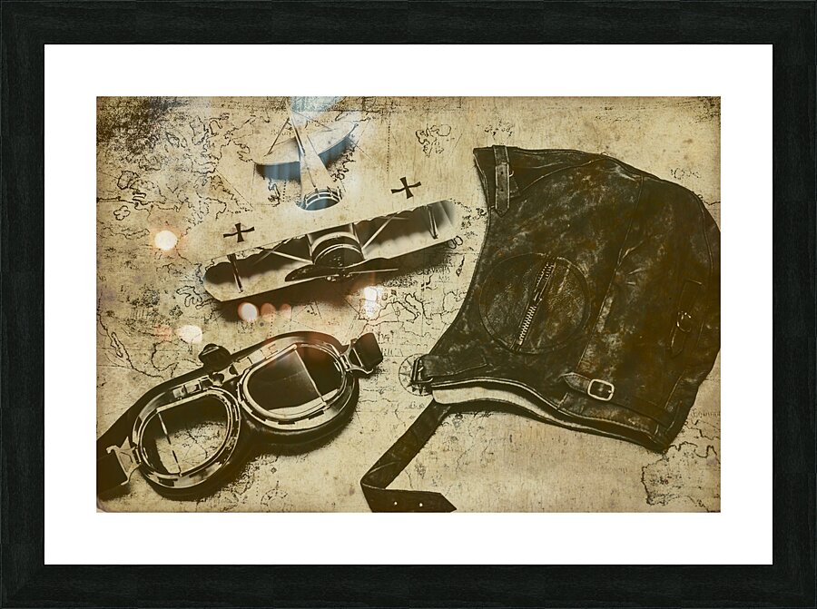 Goggles pouch and model biplane on map Picture Frame print