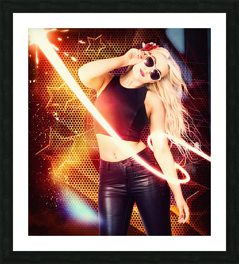 Clubbing trance girl dancing around 70s disco Picture Frame print