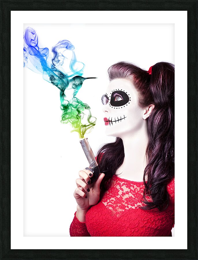 Sugar skull girl blowing on smoking gun Picture Frame print
