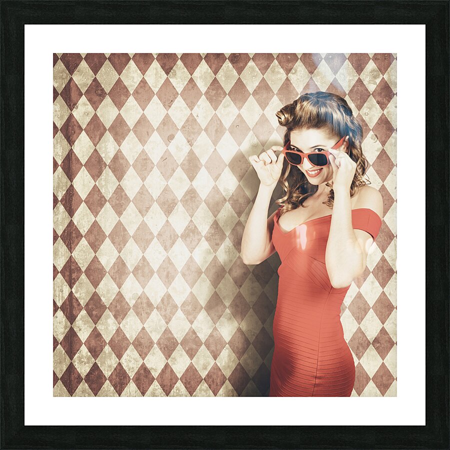 Vintage pinup fashion model in womens sunglasses Picture Frame print