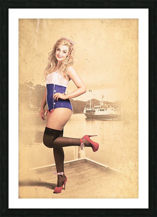 Happy navy pinup girl in retro fashion accessories Picture Frame print