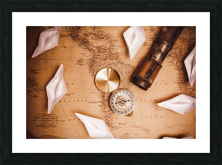 Explorer desk with compass map and spyglass Picture Frame print