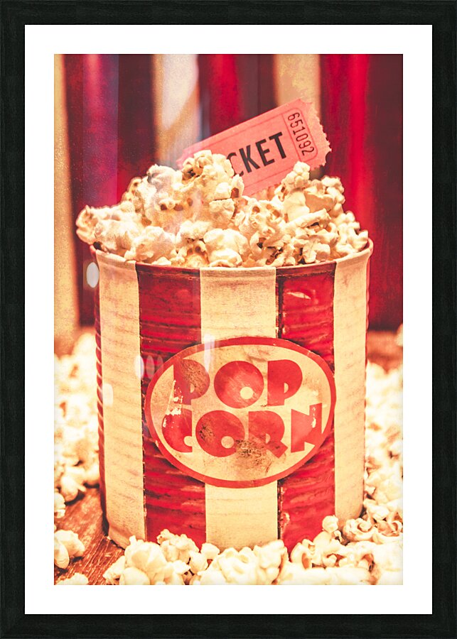 Retro tub of butter popcorn and ticket stub Picture Frame print