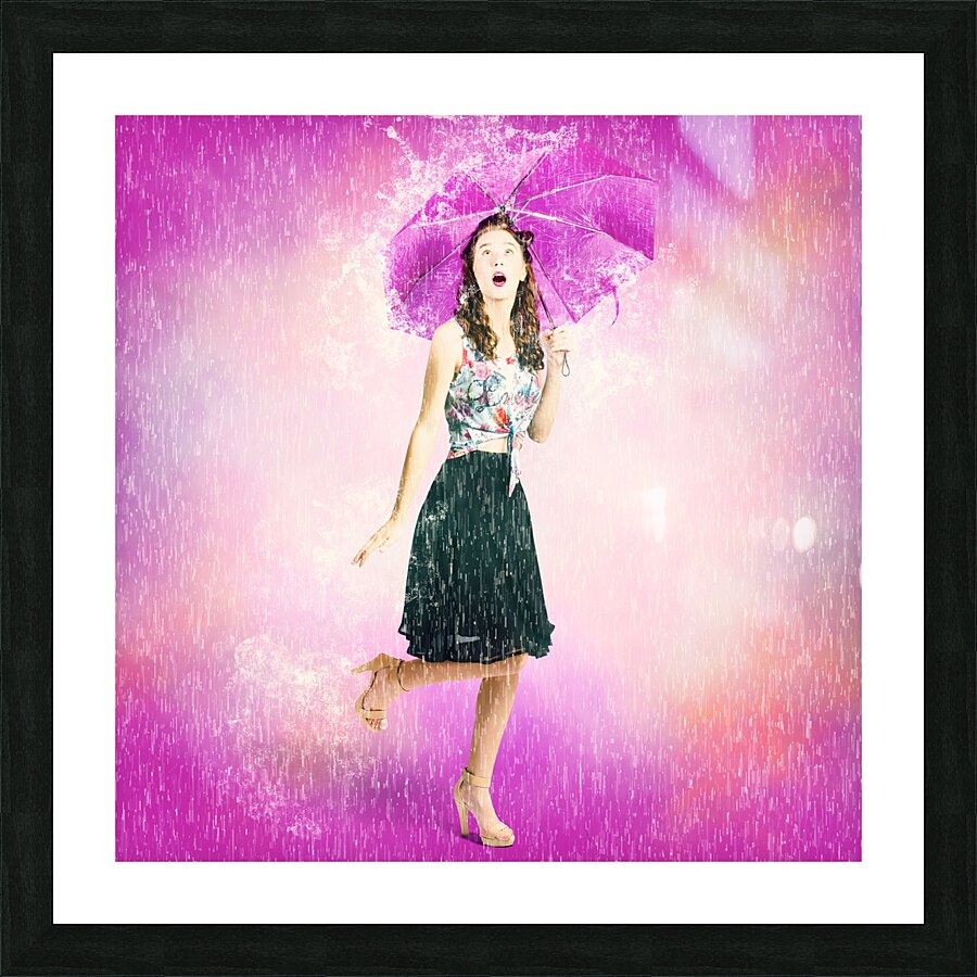 Pin-up girl in rain downfall. Hop skip and jump Picture Frame print
