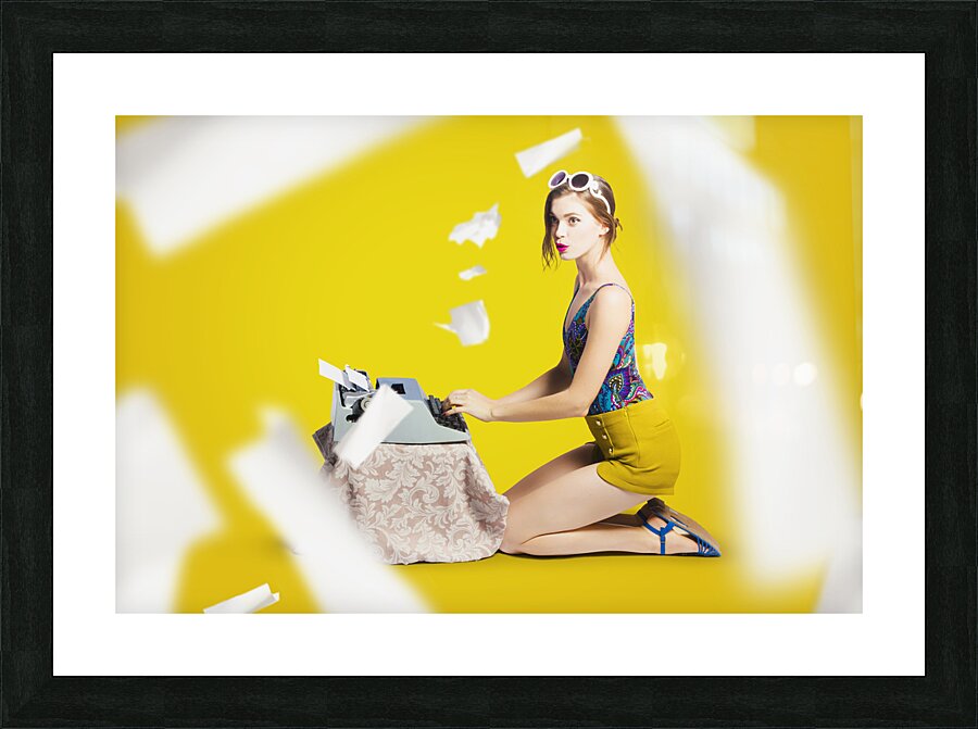 Pinup typist writing story on typewriter Picture Frame print