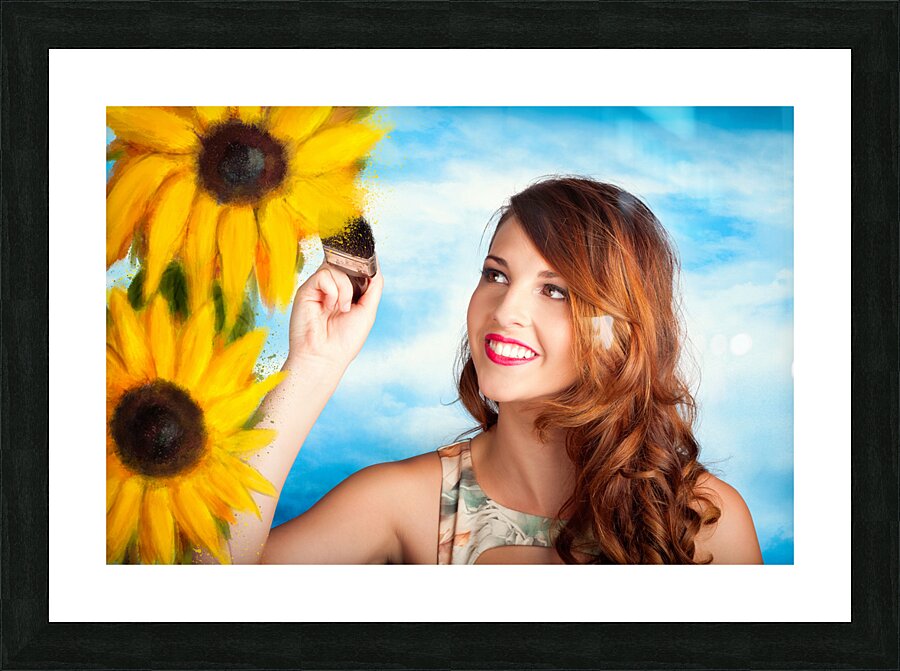 Female artist drawing sun flowers during summer Picture Frame print