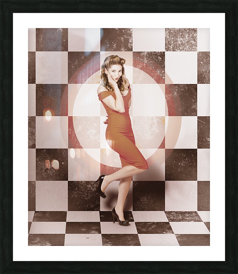Creative vintage pin-up girl in 50s retro diner Picture Frame print