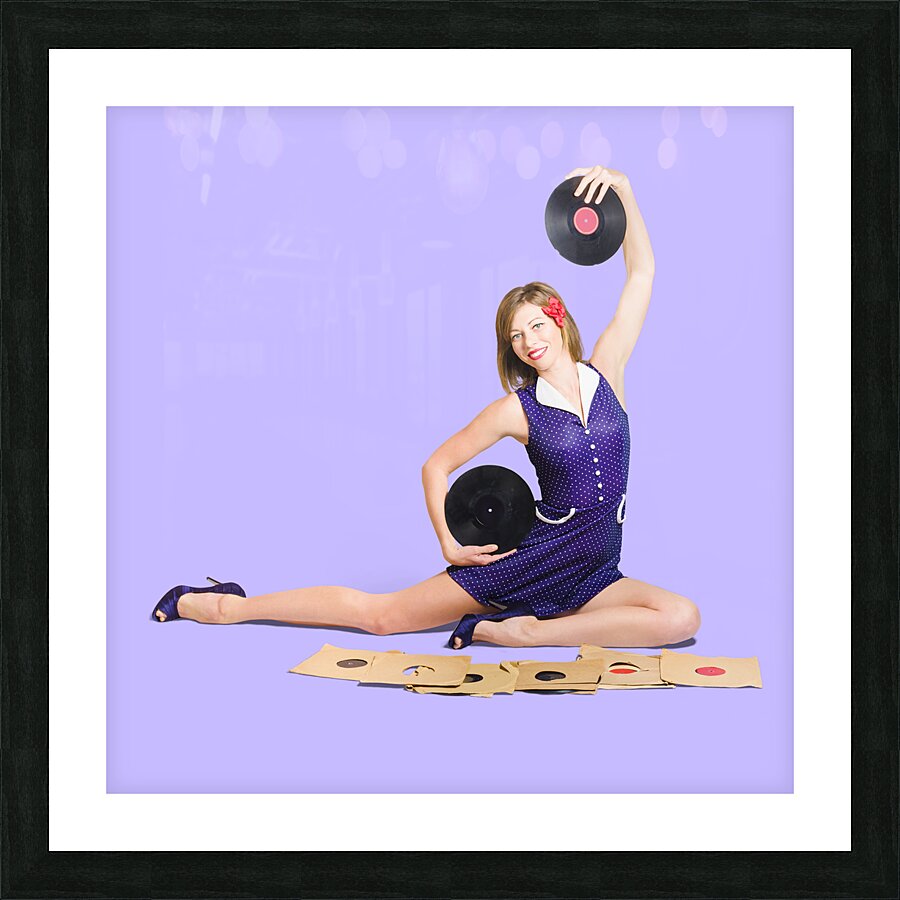 Pin-up woman balancing sound with record music Picture Frame print