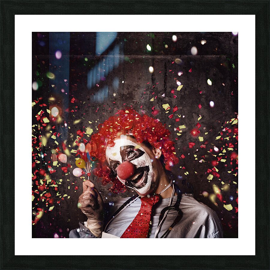 Creepy birthday clown at party celebration Picture Frame print