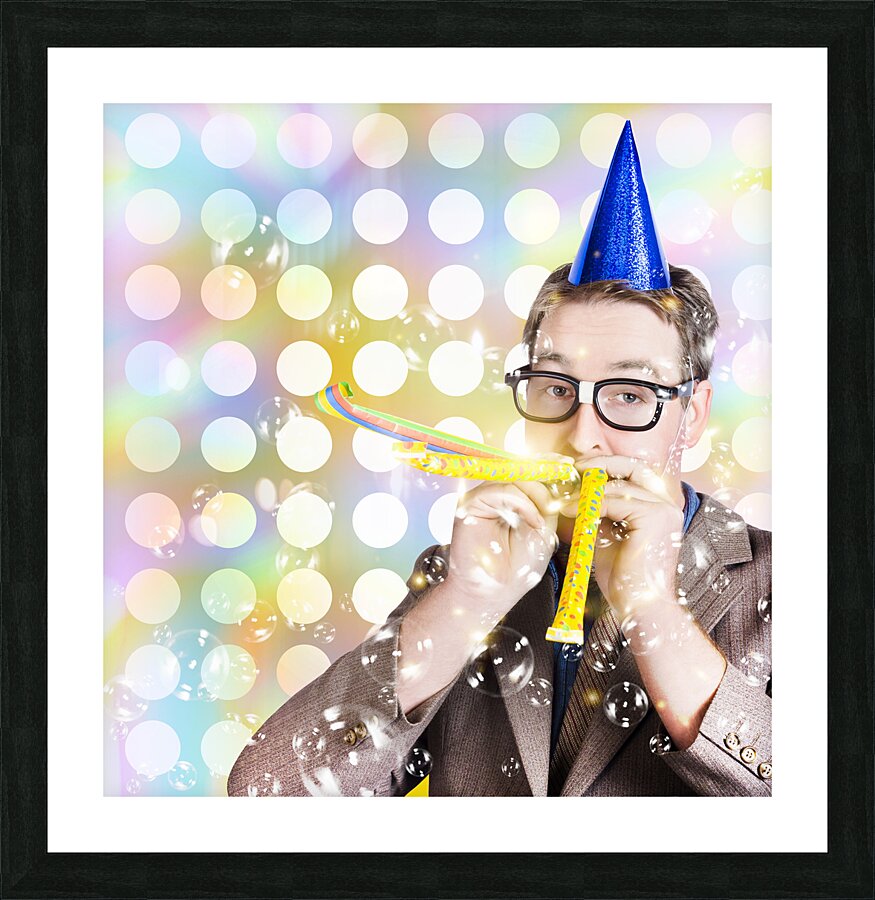 Amusement man in party hat celebrating a birthday bash Picture Frame print