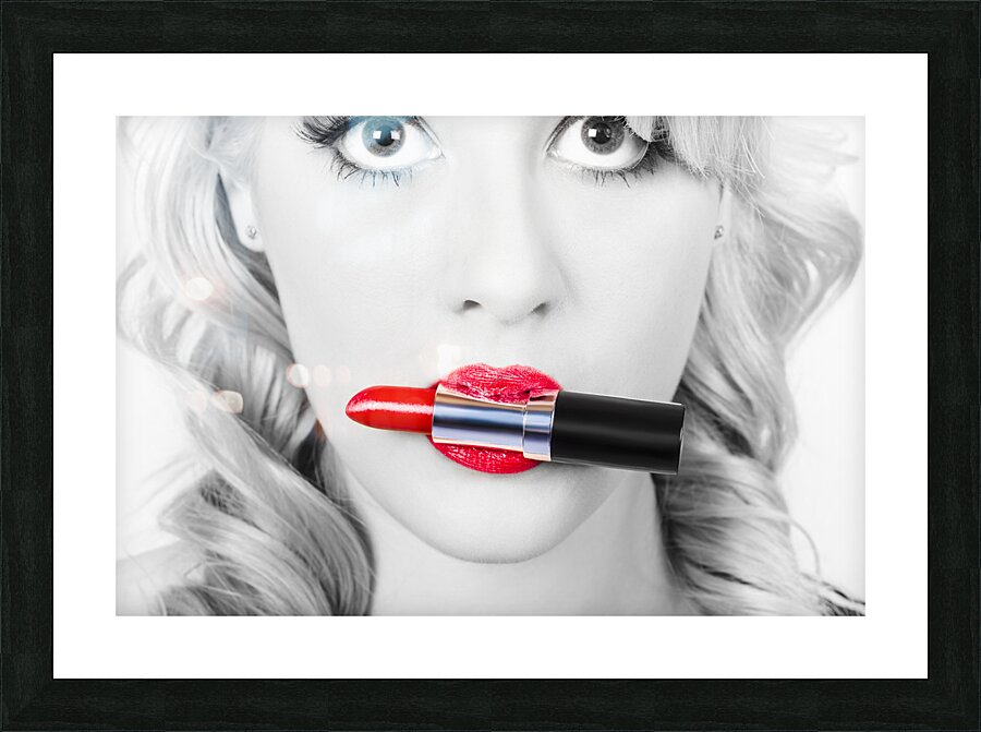 Make-up closeup. Cosmetic pinup girl in lip makeup Picture Frame print