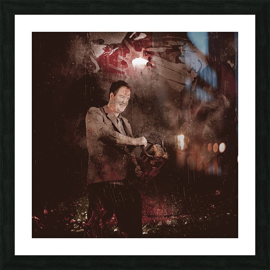 Scary horror man slinging bloody chainsaw in dark Picture Frame print