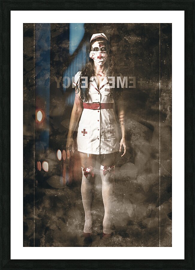 Insane emergency room nurse at ER glass doors Picture Frame print