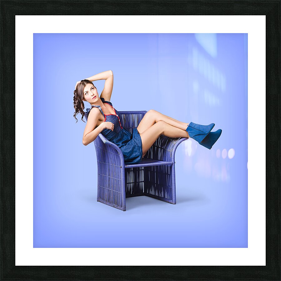 Full-length portrait. Lovely woman in denim dress Picture Frame print