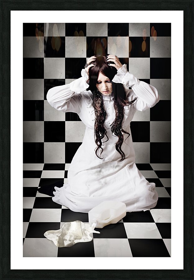 Retro girl crying over a glass of spilt milk Picture Frame print