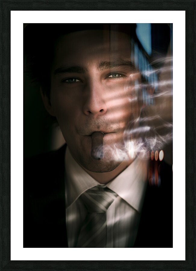 Business Man Smoking Cigar In Victory And Success Picture Frame print