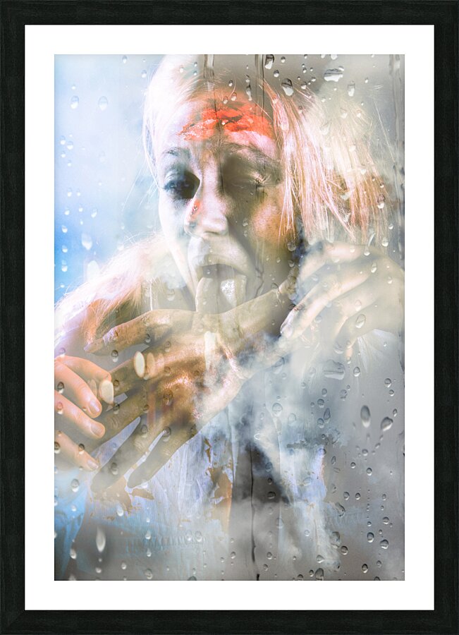 Scary horror zombie licking human hand at window Picture Frame print