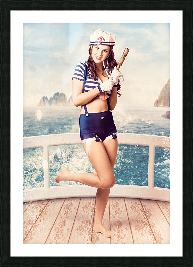 Ocean holiday pinup girl on cruise ship deck Picture Frame print
