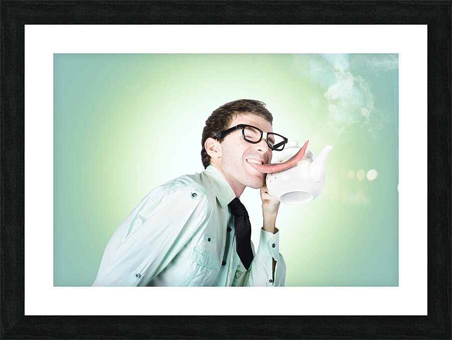 Sensual dorky man preparing for coffee love Picture Frame print